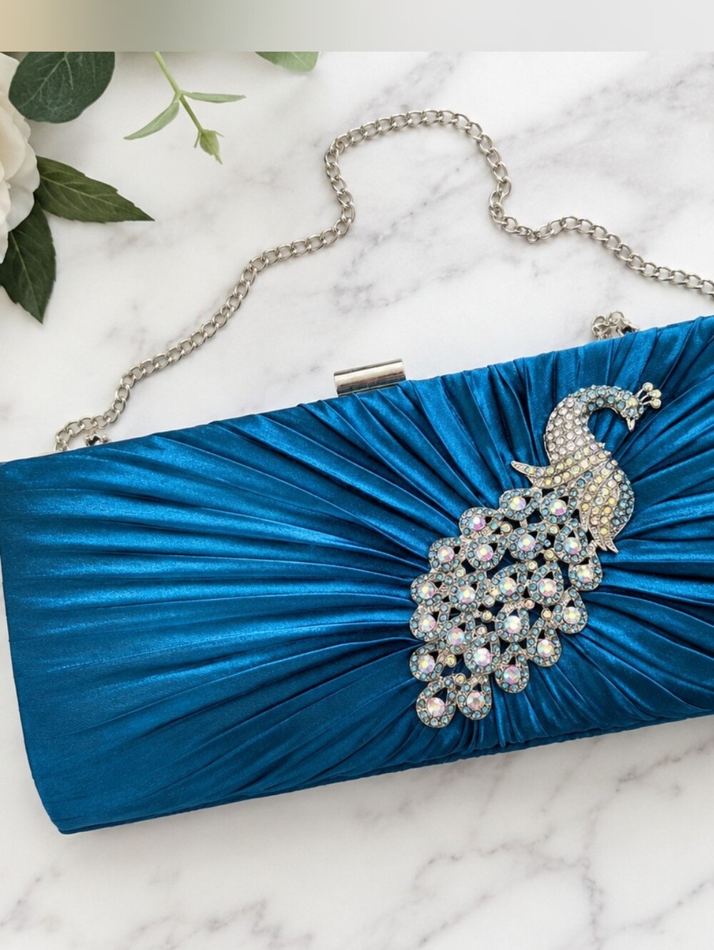 Teal Blue Peacock Rhinestone Satin Clutch | Evening Bag | Formal Purse